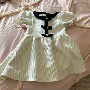 Janie and Jack Cream Textured Puff Sleeve Dress with Black velvet Trim